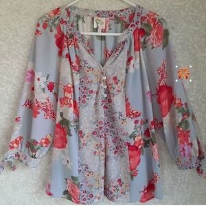 Fig and Flower Floral Blouse - Red and Gray